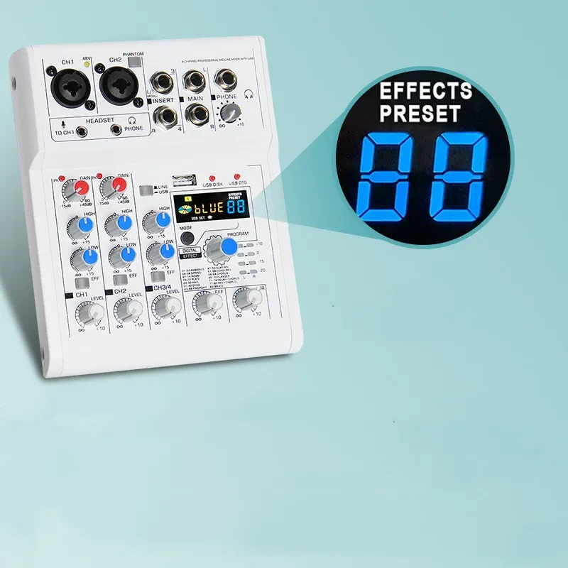 Mancheze4 Mini 4-Channel Sound Card Mixer Bluetooth 88 Effects USB Mixer 4-Channel Recording