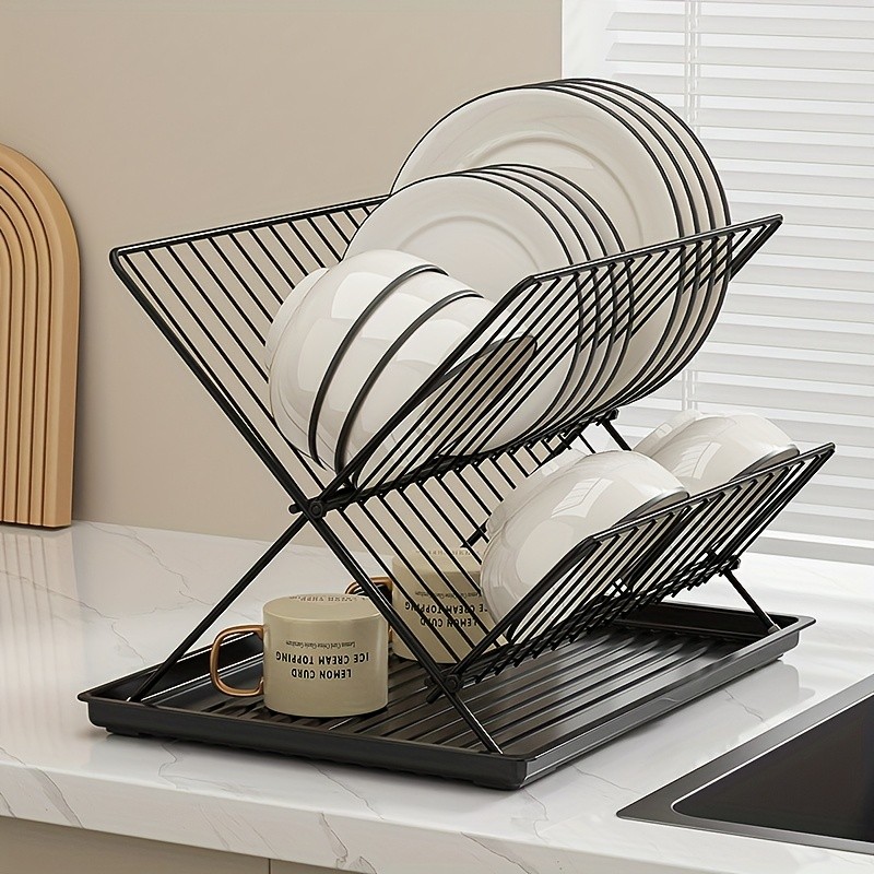 WIEZ Stainless Steel 2-Layer X-Shaped Foldable Dish Drying Rack Space-Saving Countertop Dryer for Bowls, Plates & Utensils