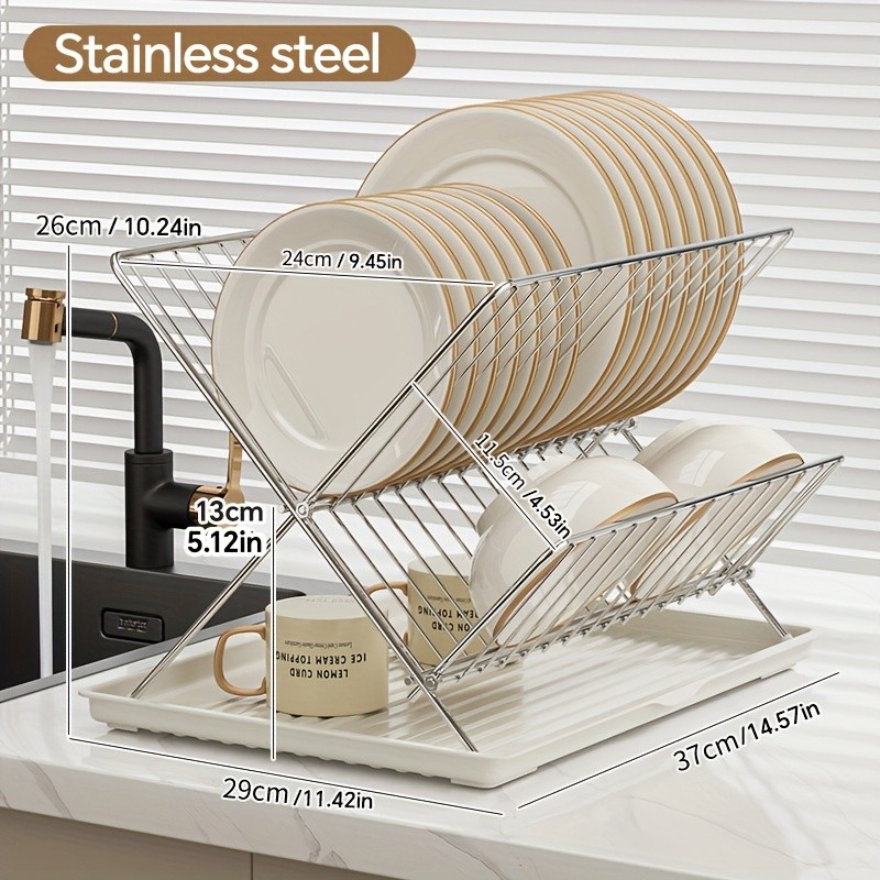 WIEZ Stainless Steel 2-Layer X-Shaped Foldable Dish Drying Rack Space-Saving Countertop Dryer for Bowls, Plates & Utensils