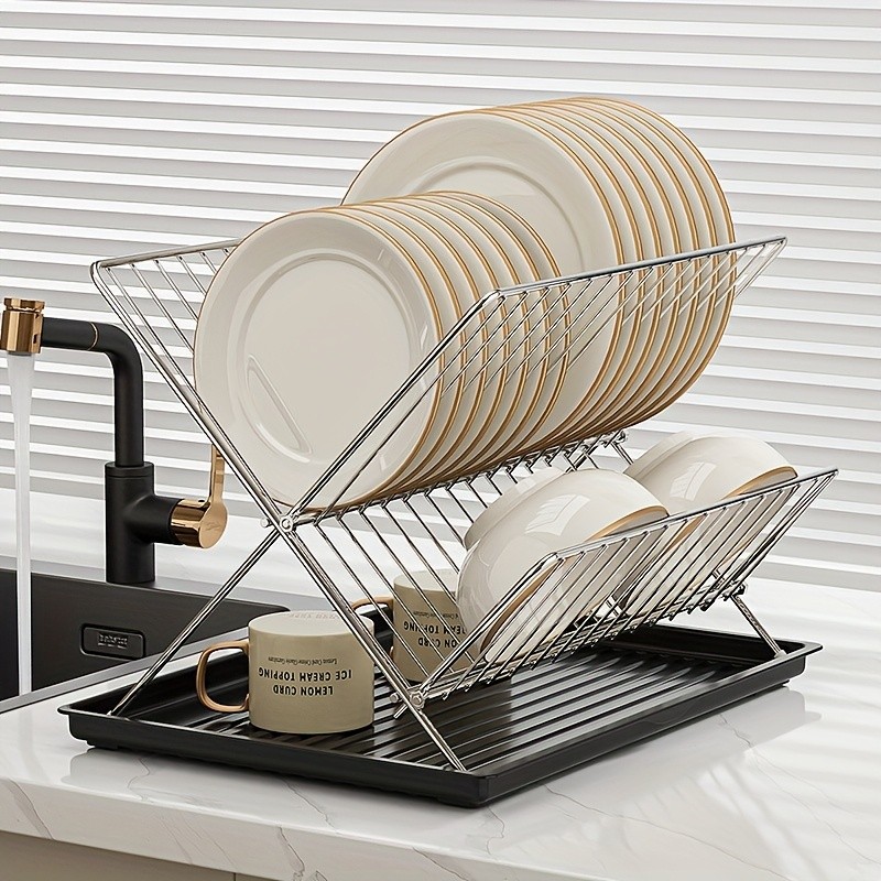 WIEZ Stainless Steel 2-Layer X-Shaped Foldable Dish Drying Rack Space-Saving Countertop Dryer for Bowls, Plates & Utensils