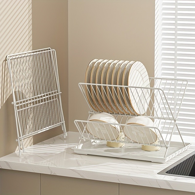 WIEZ Stainless Steel 2-Layer X-Shaped Foldable Dish Drying Rack Space-Saving Countertop Dryer for Bowls, Plates & Utensils