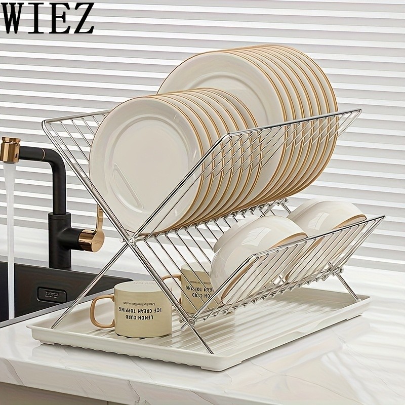 WIEZ Stainless Steel 2-Layer X-Shaped Foldable Dish Drying Rack Space-Saving Countertop Dryer for Bowls, Plates & Utensils
