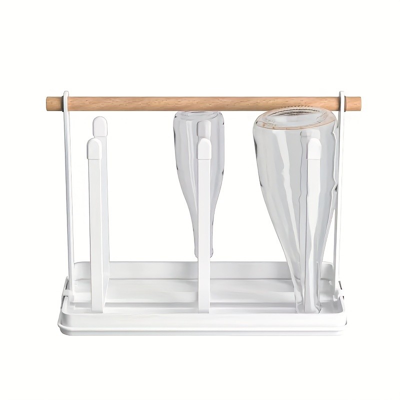 WIEZ 6-Cup Metal Drying Rack with Wooden Handle Mug, Beer Cup & Bottle Organizer with Water Tray