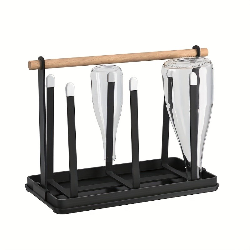 WIEZ 6-Cup Metal Drying Rack with Wooden Handle Mug, Beer Cup & Bottle Organizer with Water Tray