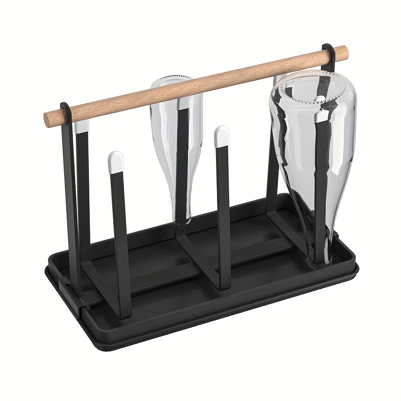 WIEZ 6-Cup Metal Drying Rack with Wooden Handle Mug, Beer Cup & Bottle Organizer with Water Tray