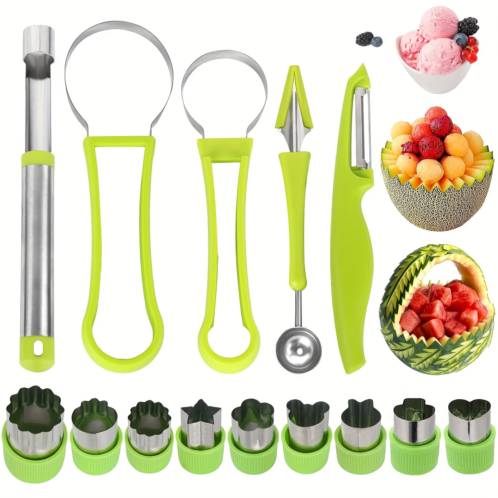 WIEZ 14-Piece Stainless Steel Melon Ball & Fruit Shaping Tool Set 4-in-1 Multi-Function Kit for Creative Fruit & Veg Prep