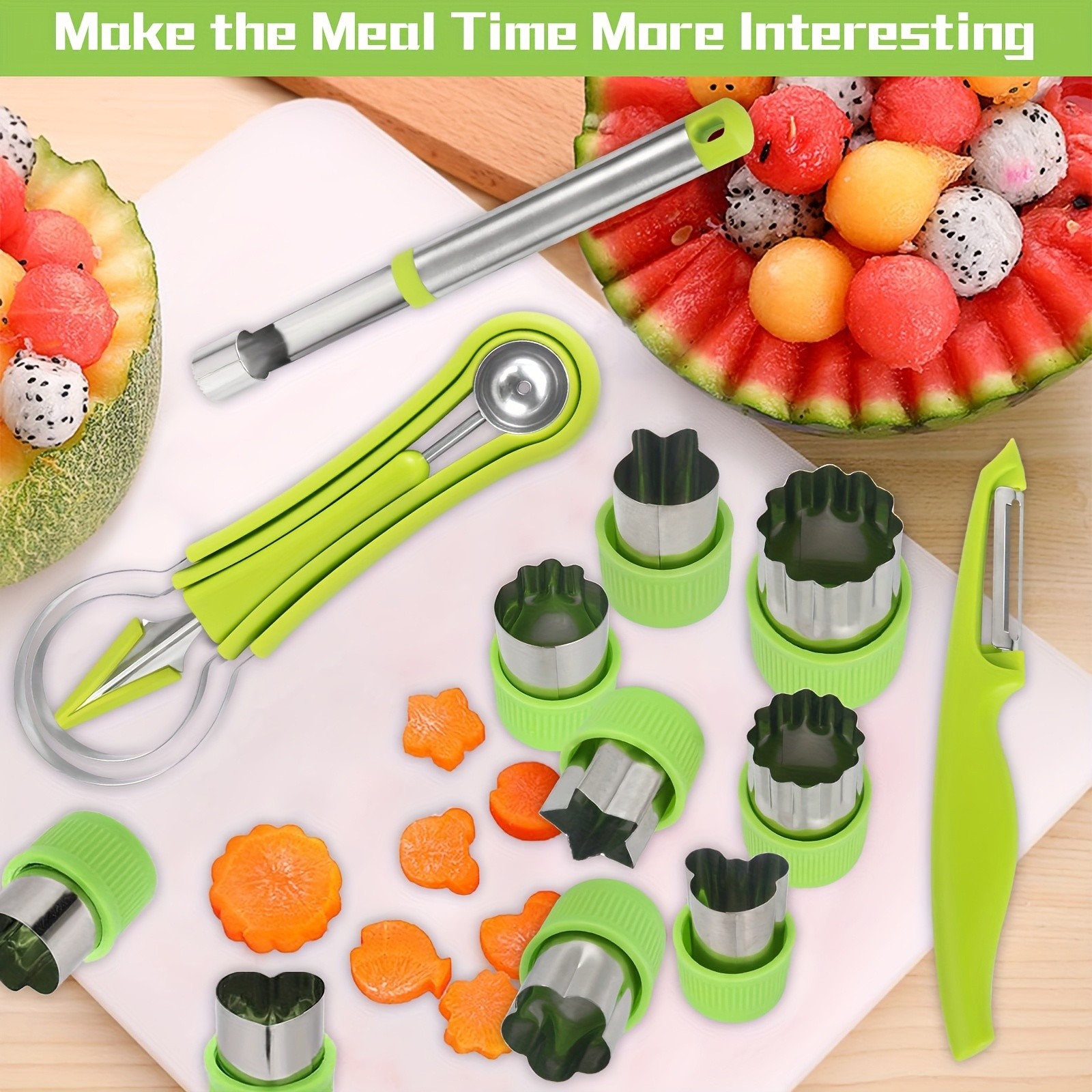 WIEZ 14-Piece Stainless Steel Melon Ball & Fruit Shaping Tool Set 4-in-1 Multi-Function Kit for Creative Fruit & Veg Prep