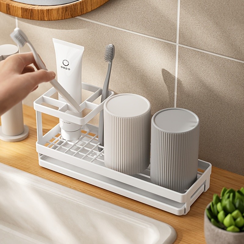 WIEZ Stainless Steel Toothbrush & Toothpaste Organizer  No-Drill Space-Saving Rack for Countertops & Bathroom Walls