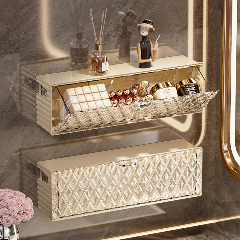 WIEZ Wall-Mounted Cosmetic Organizer  No-Drill Adhesive Makeup & Skincare Storage Box with Transparent Diamond Pattern
