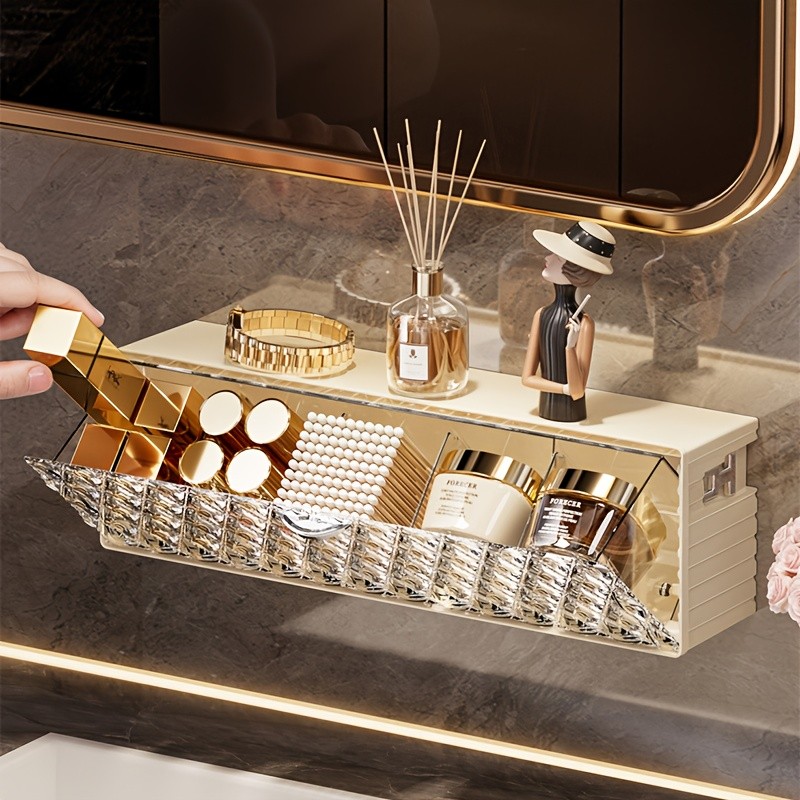 WIEZ Wall-Mounted Cosmetic Organizer  No-Drill Adhesive Makeup & Skincare Storage Box with Transparent Diamond Pattern
