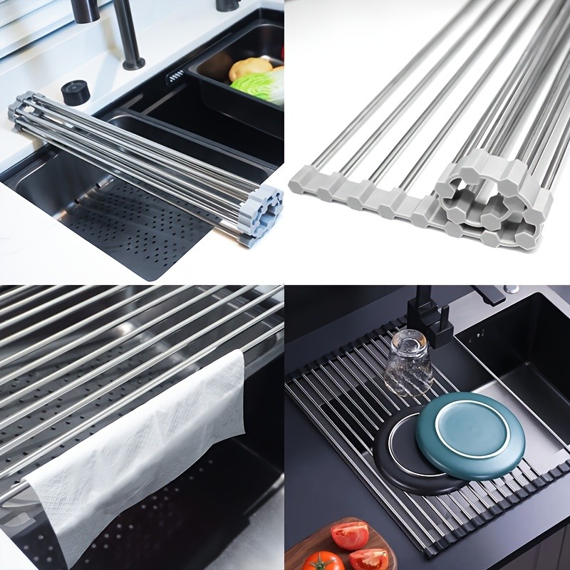 LDQ Deluxe Roll-Up Stainless Steel Dish Drying Rack  Space-Saving Over-the-Sink Organizer with Sleek Metallic Finish