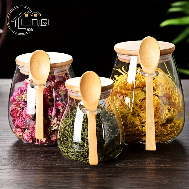 LDQ Airtight Glass Storage Jar with Spoon  Premium Jar Set for Coffee, Sugar, Tea, Salt, Candy & Spices