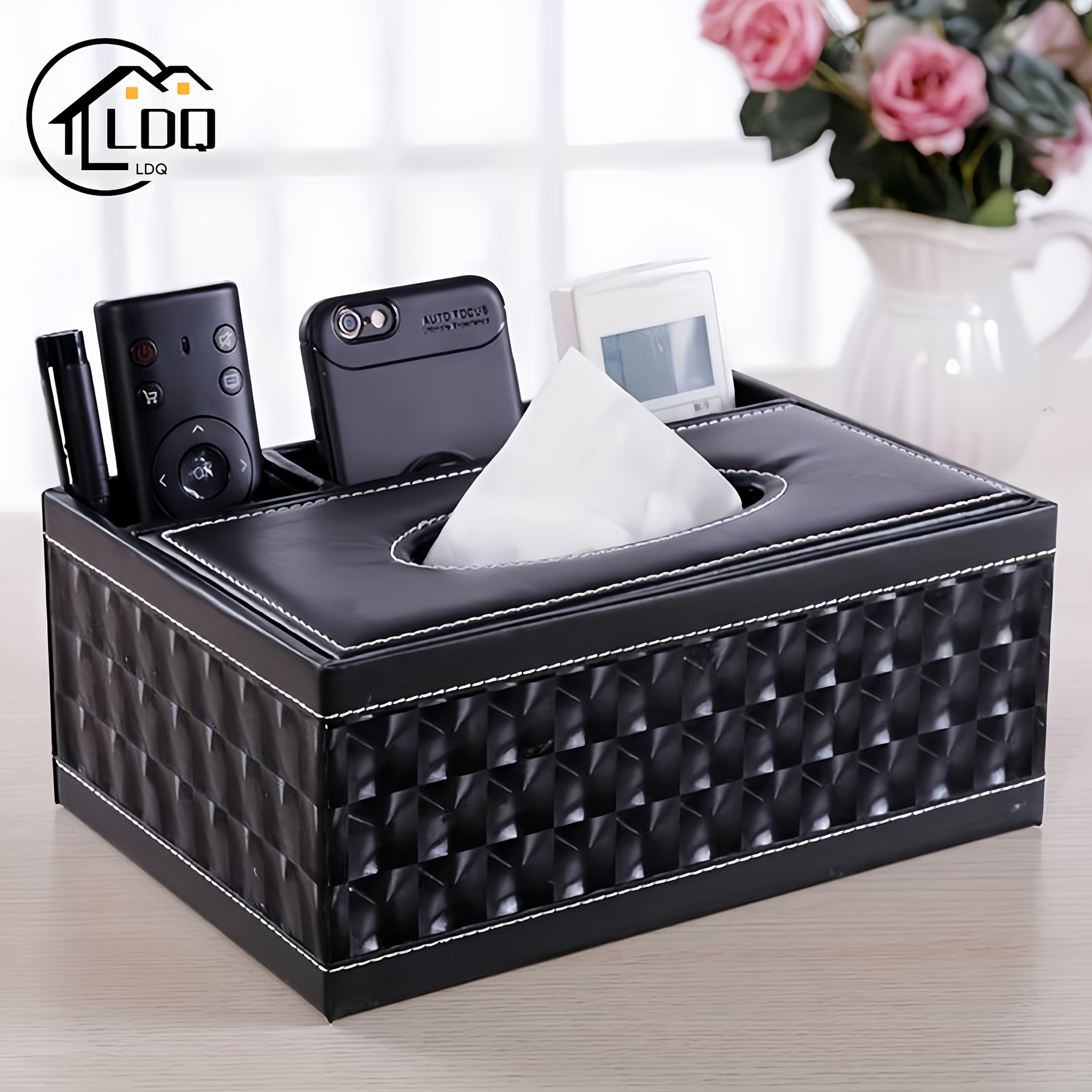 LDQ Multi-Functional Faux Leather Tissue & Storage Box  4-Compartment Organizer for Remotes, Napkins & Home Essentials