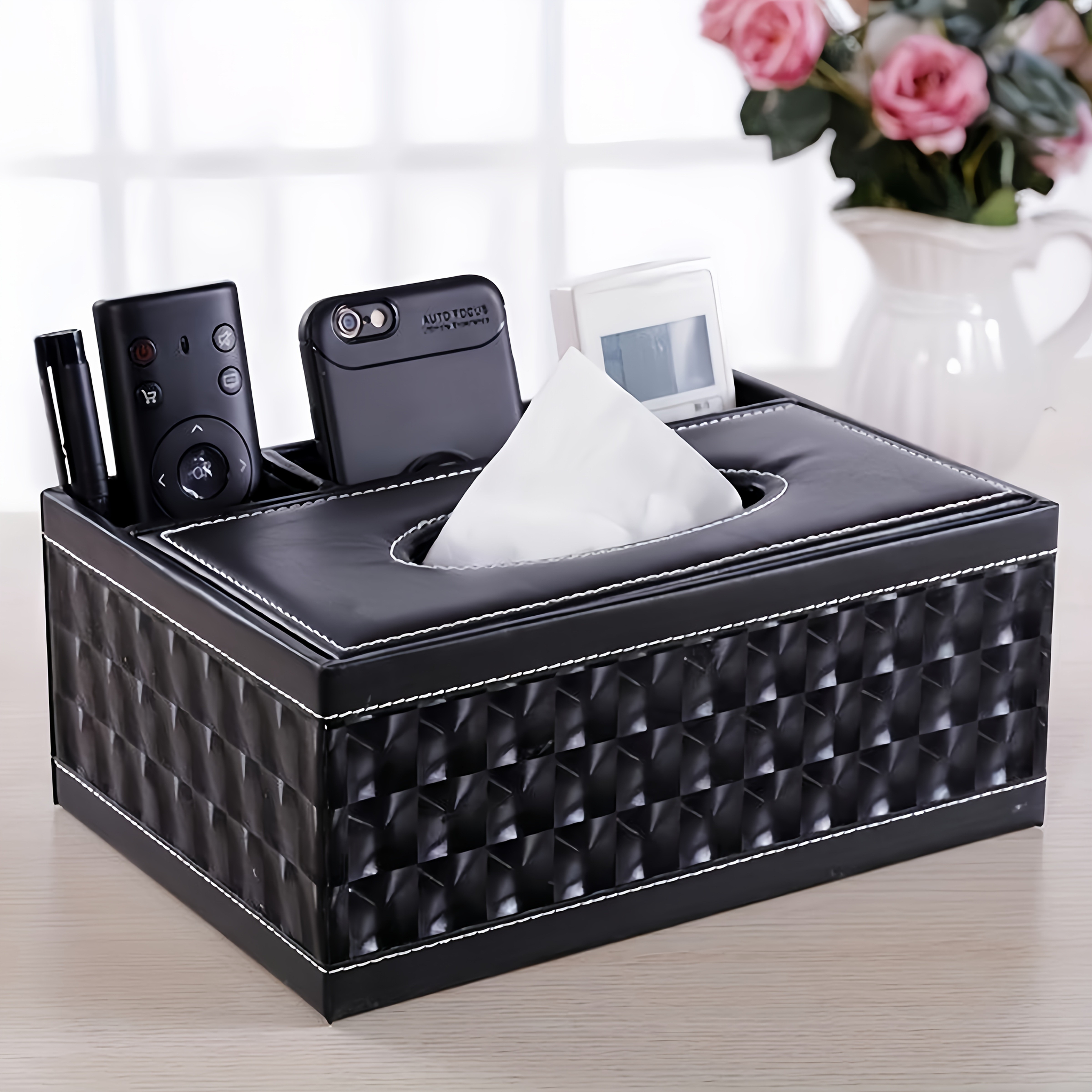 LDQ Multi-Functional Faux Leather Tissue & Storage Box  4-Compartment Organizer for Remotes, Napkins & Home Essentials
