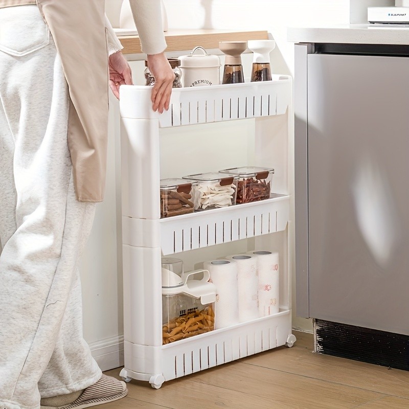 LDQ 3-Layer Super Narrow Refrigerator Gap Organizer  Free-Standing Slim Trolley Cart for Kitchen, Bathroom & Living Room Storage