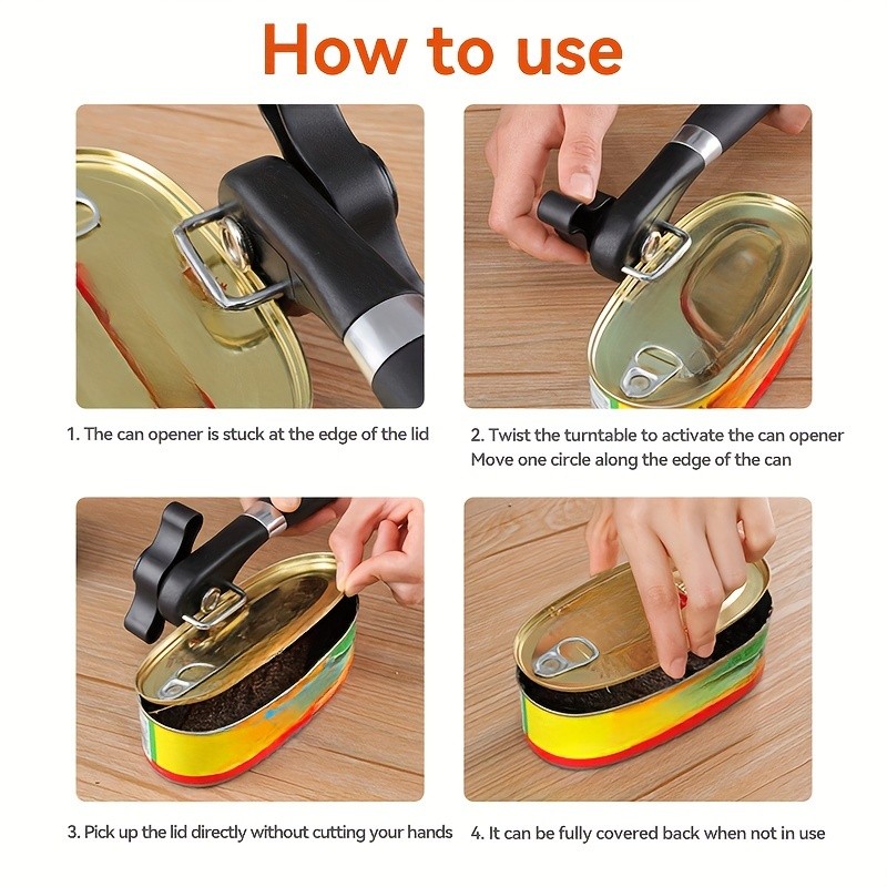 LDQ Stainless Steel TLDOD Manual Can Opener Quick Side-Opening Kitchen Tool with Ergonomic Black Handle