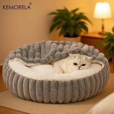 KEMORELA Calming Warm Kitten Bed  Round Hooded Plush Cat Cave
