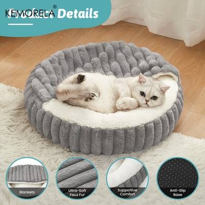 KEMORELA Calming Warm Kitten Bed  Round Hooded Plush Cat Cave
