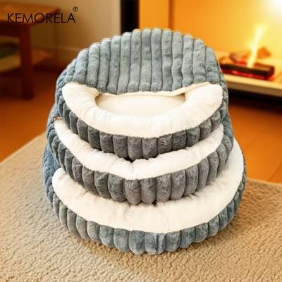 KEMORELA Calming Warm Kitten Bed  Round Hooded Plush Cat Cave
