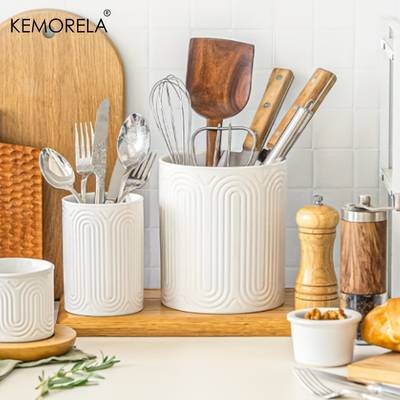 KEMORELA Ceramic Kitchen Utensil Holder Set 1/2pcs Arctic White Embossed Countertop Organizers