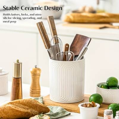 KEMORELA Ceramic Kitchen Utensil Holder Set 1/2pcs Arctic White Embossed Countertop Organizers