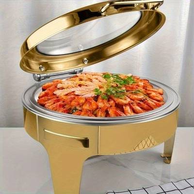 KEMORELA Golden Stainless Steel Hot Pot Buffet Set  Round Chafing Dish with Glass Window & Stand