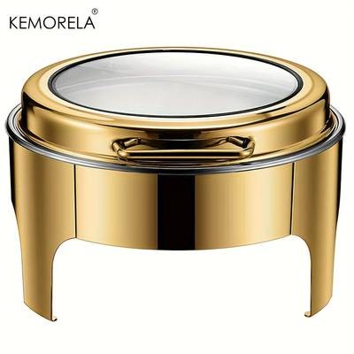 KEMORELA Golden Stainless Steel Hot Pot Buffet Set  Round Chafing Dish with Glass Window & Stand