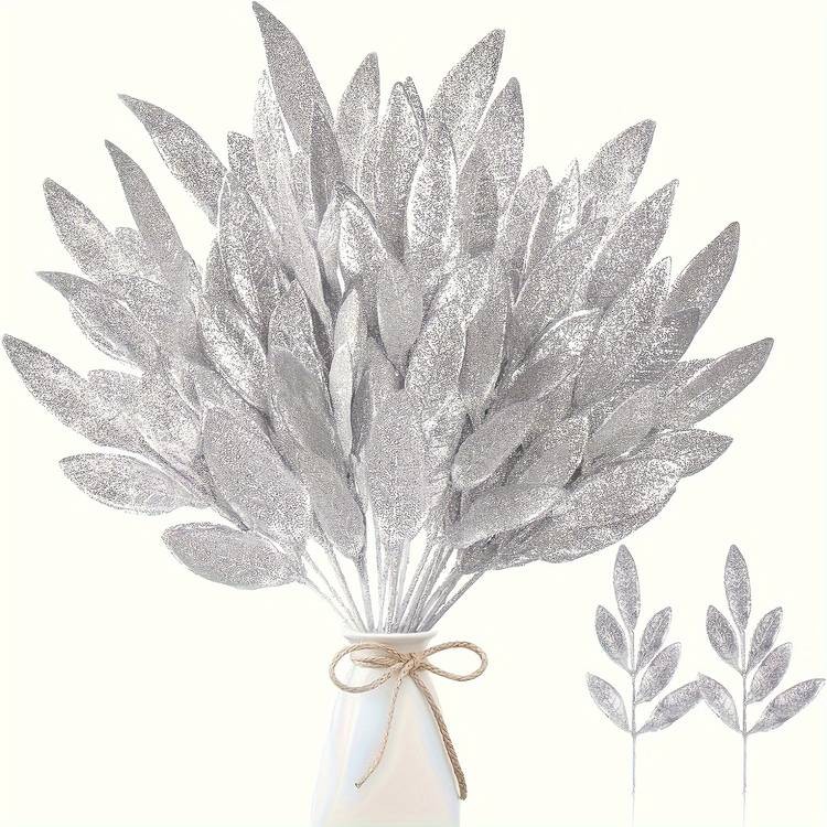 NLDD 16-Piece Artificial Glitter Leaf Spray Pick Set  Silvery Christmas Decor Branches (13)