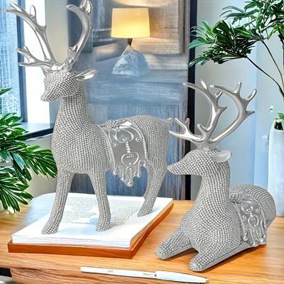 NLDD Exquisite Deer Resin Craft Set (2pcs) Elegant Beaded Deer Statues for Luxurious Home Dcor