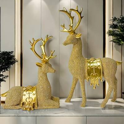 NLDD Exquisite Deer Resin Craft Set (2pcs) Elegant Beaded Deer Statues for Luxurious Home Dcor