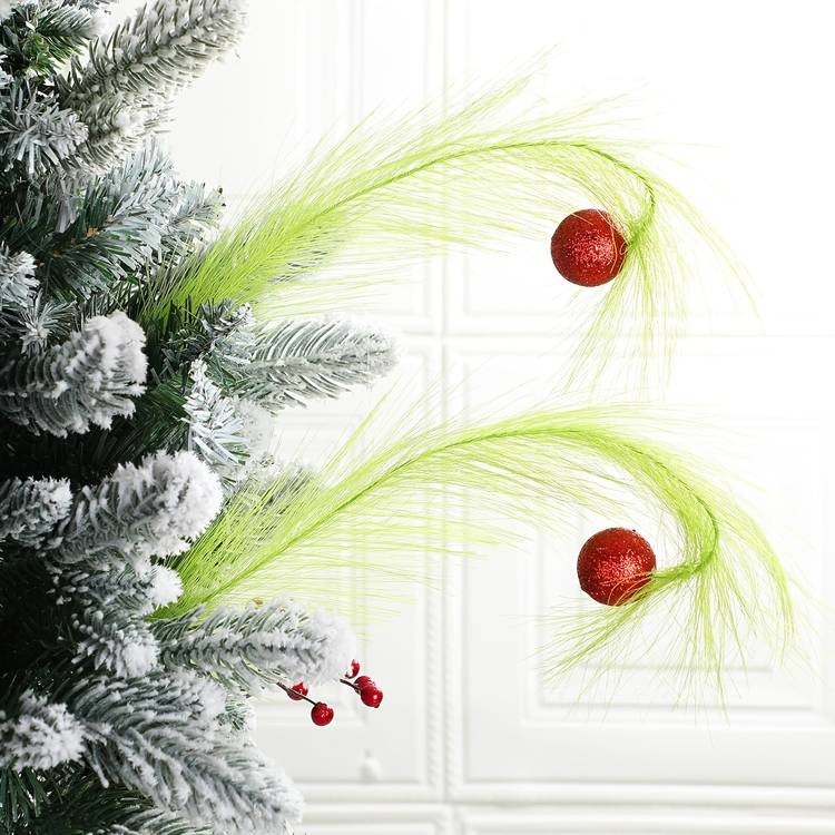 NLDD 12pcs Artificial Christmas Tree Stems Lime Green Furry Holiday Picks with Red Berries