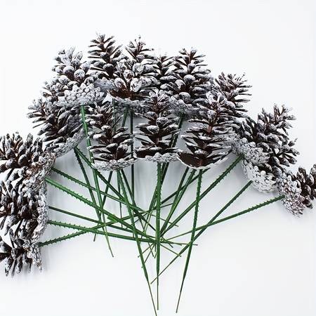 YIMUWN 24pcs Artificial Christmas Pine Cone Branches  Brushed White Holiday Picks with Evergreen Sprigs