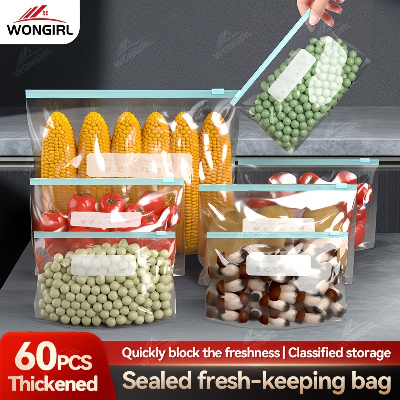 LDQ 60pcs Leak-Proof Food Storage Bag Set Reusable Multi-Size Kitchen Organisers for Fresher NZ Ingredients