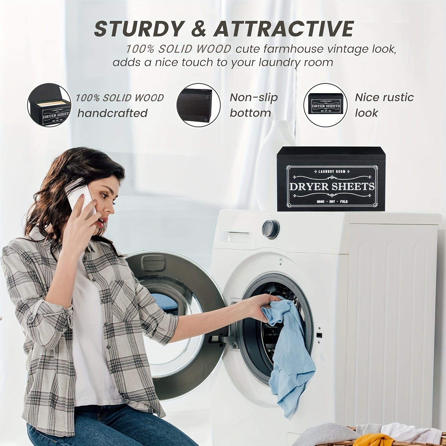 LDQ Rustic Dryer Sheet Holder Hinged-Lid Farmhouse Container for Neat NZ Laundry Storage & Organisation