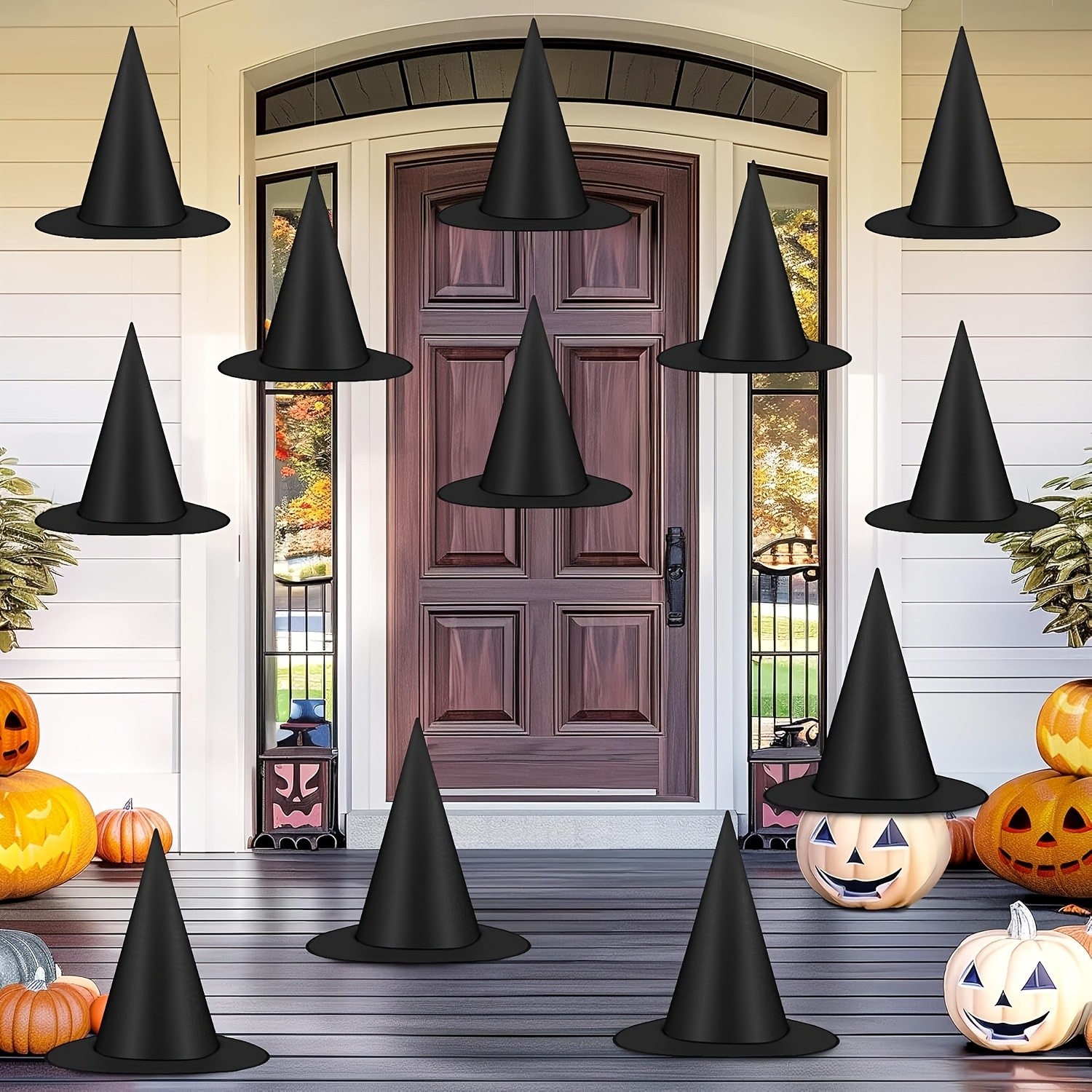 MCMLS Halloween Floating Witch Hat Set  12pcs Black Hanging Wizard Hats for NZ Indoor & Outdoor Party Dcor