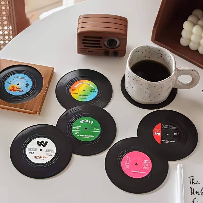YUHUPHYLLIC Vintage Record Coasters  6pcs Retro Vinyl CD Drink Mats for NZ Coffee Bars & Home Dcor