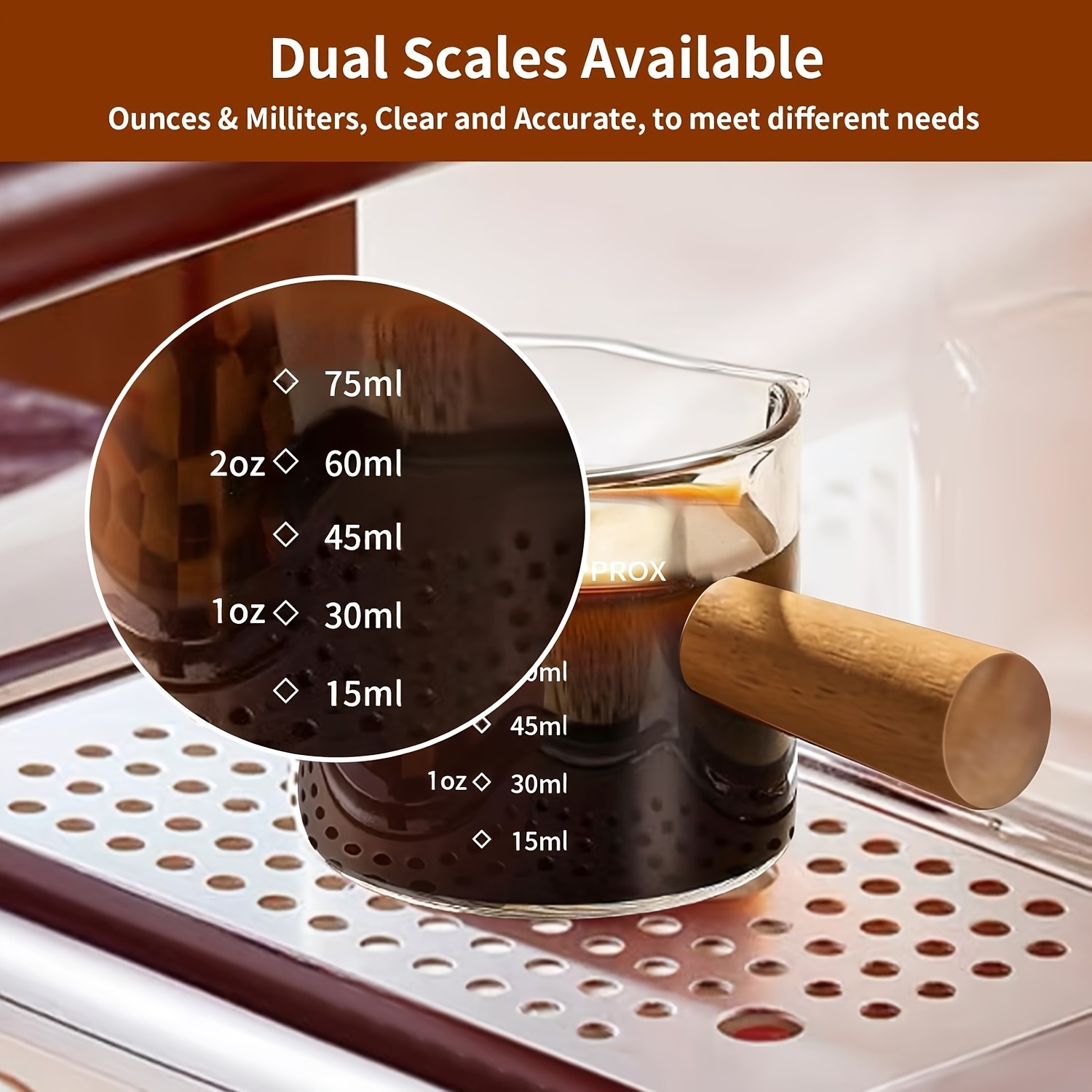 YUHUPHYLLIC Clear Glass Measuring Cup 2.6oz Precision Scale with Wooden Handle for Espresso & Coffee Brewing