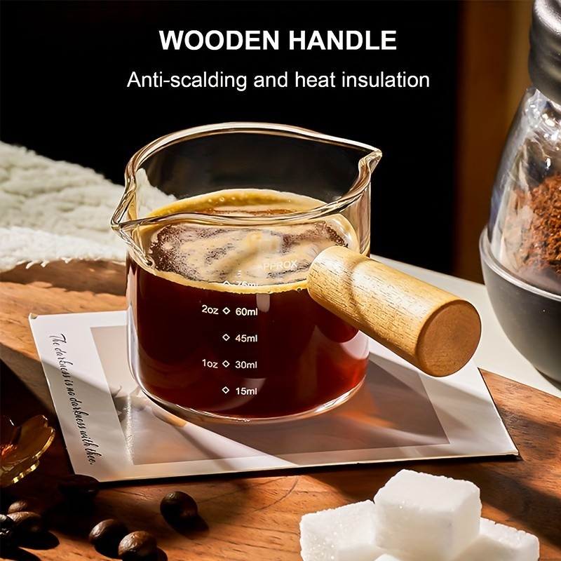 YUHUPHYLLIC Clear Glass Measuring Cup 2.6oz Precision Scale with Wooden Handle for Espresso & Coffee Brewing