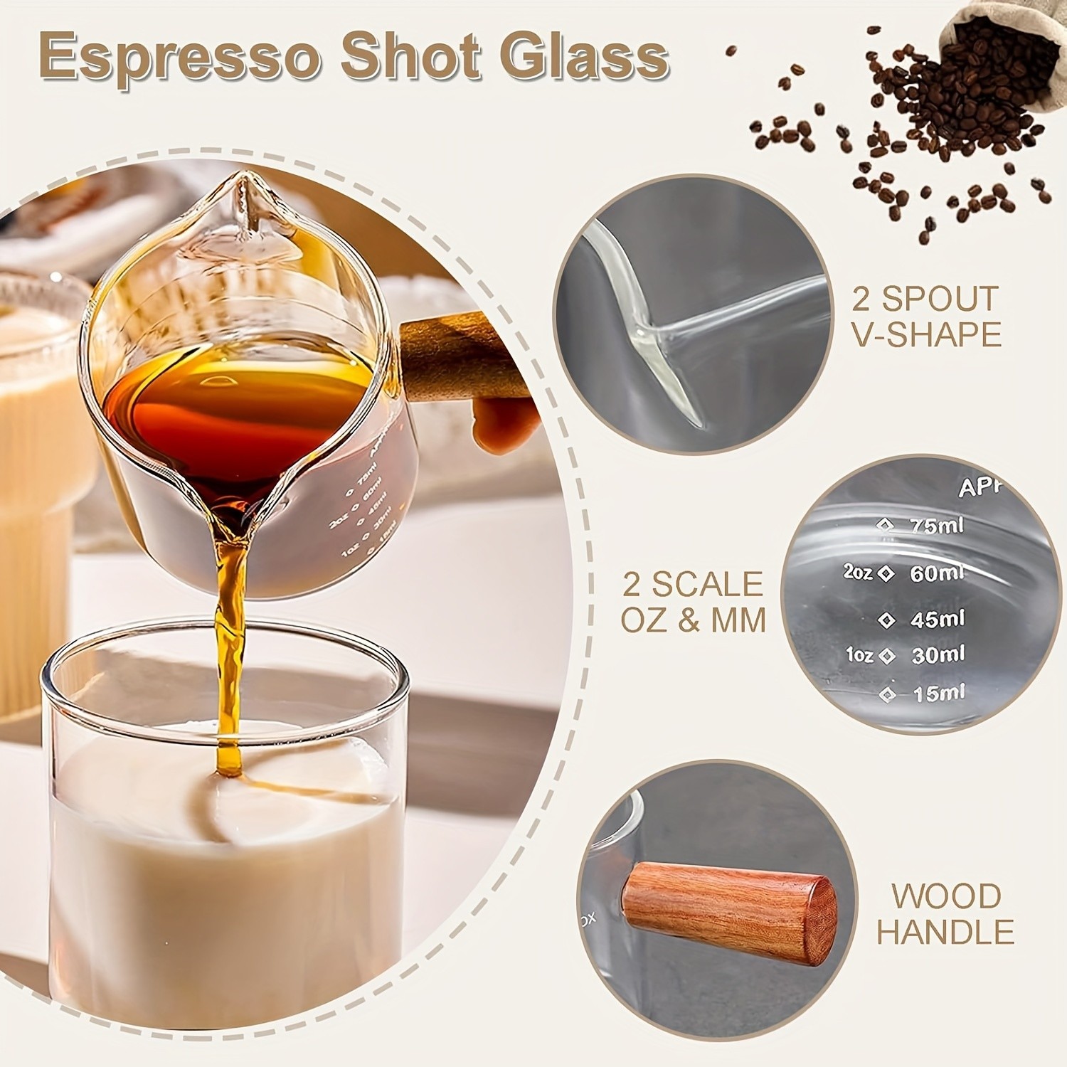 YUHUPHYLLIC Clear Glass Measuring Cup 2.6oz Precision Scale with Wooden Handle for Espresso & Coffee Brewing