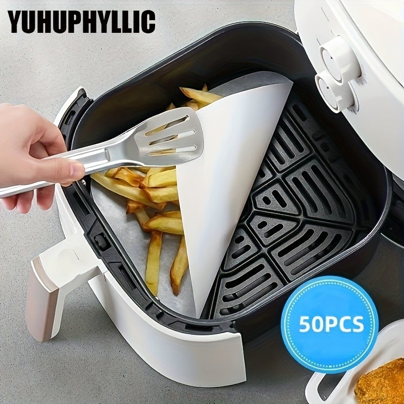 YUHUPHYLLIC 50pcs Air Fryer Liners  Non-Stick Oil Absorbing Parchment Paper for Cooking & Baking