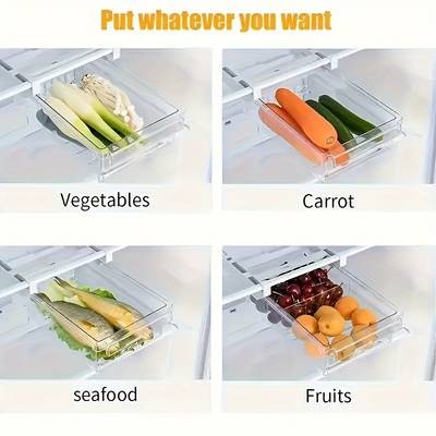 FARIDABIO 2pcs Refrigerator Hanging Storage Drawer Organizer Heavy-Duty Plastic Fridge Tray with Adjustable Shelves & Hooks