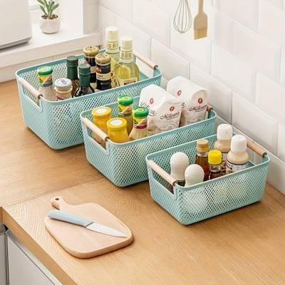 FARIDABIO 3pcs Plastic Storage Baskets with Double Wooden Handles  Lightweight, Multi-Purpose Organizers