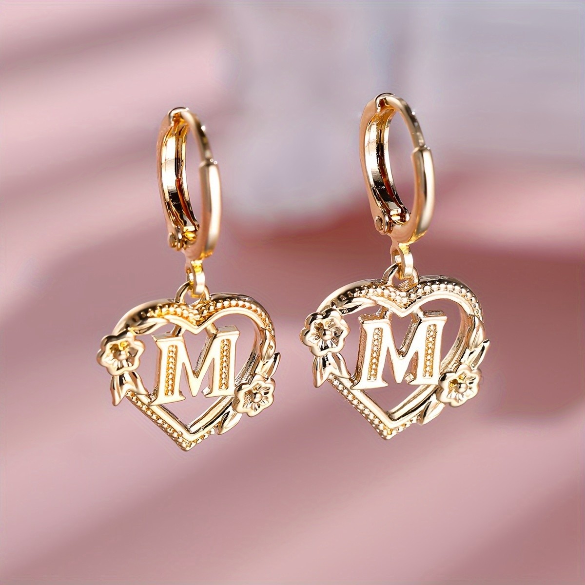 ANGOL 2pcs Golden Letter Heart Flower Ear Clips  Elegant Fashion Jewelry for Banquet and Party Wear