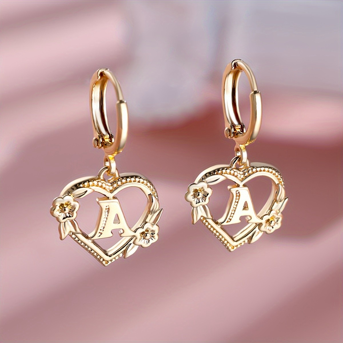 ANGOL 2pcs Golden Letter Heart Flower Ear Clips Elegant Fashion Jewelry for Banquet and Party Wear