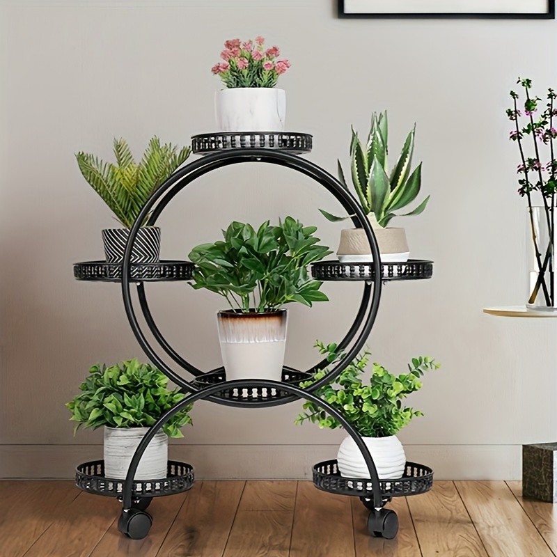 wisfor 6 Pot Metal Plant Stand Multi-Layer, Rolling Plant Rack for Indoor and Outdoor Use