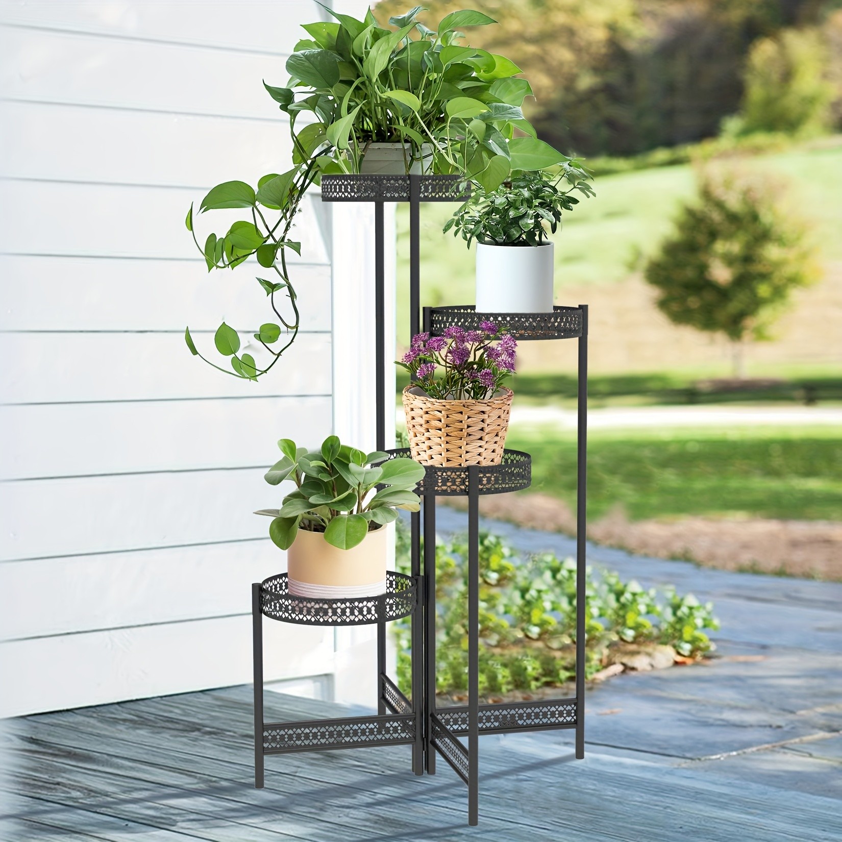 wisfor 4-Tier Folding Metal Planter Pots Holder Elegant and Durable Storage for Indoor and Outdoor Plants