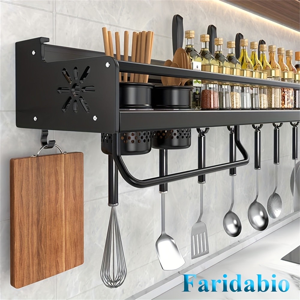 FARIDABIO Varnished Metal Hanging Shelf  Wall-Mounted Kitchen Utensil Rack with Hooks