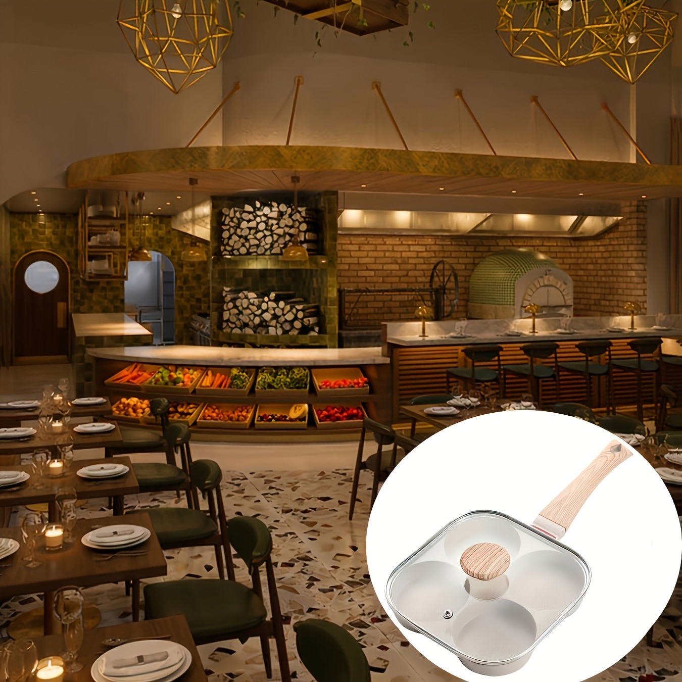 FARIDABIO 4-Holes Frying Pan with Lid  Non-Stick Egg and Burger Cooking Pan with Wooden Handle