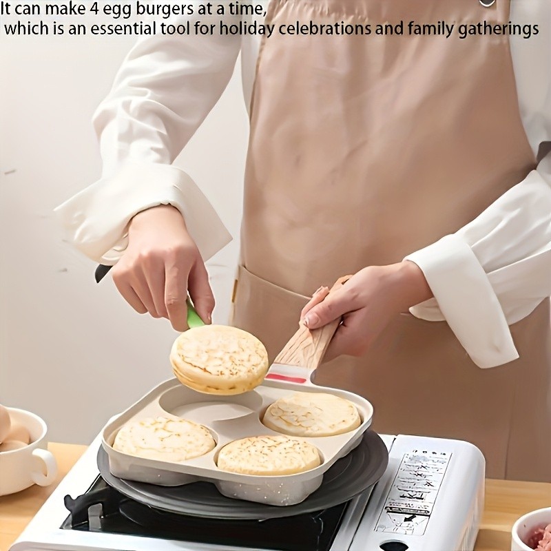 FARIDABIO 4-Holes Frying Pan with Lid  Non-Stick Egg and Burger Cooking Pan with Wooden Handle
