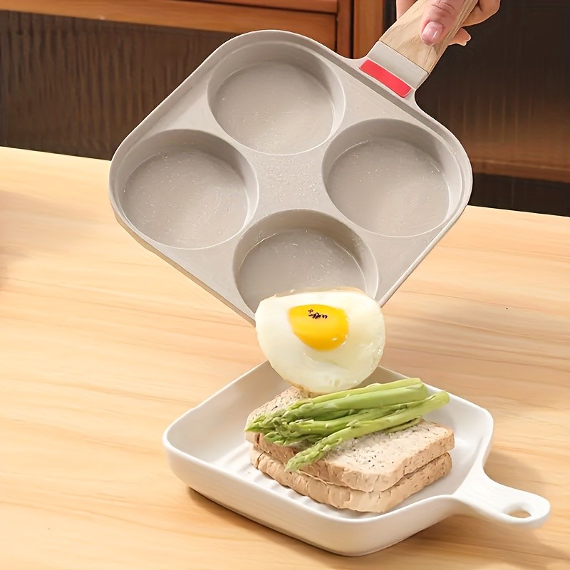 FARIDABIO 4-Holes Frying Pan with Lid  Non-Stick Egg and Burger Cooking Pan with Wooden Handle